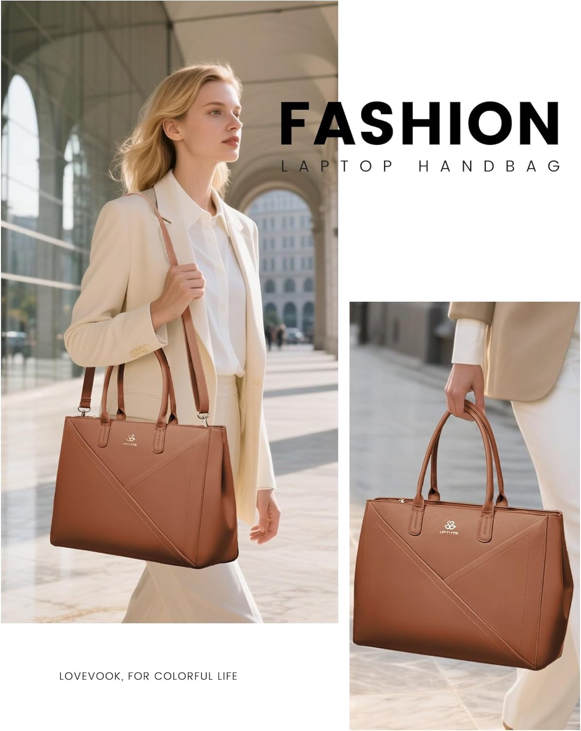 LOVEVOOK Laptop Tote Bag for Women with Large Cup Holder, 15.6 Inch PU Leather Work Bag Teacher Tote Bag, Waterproof Computer Bags Business Office Briefcase Handbag