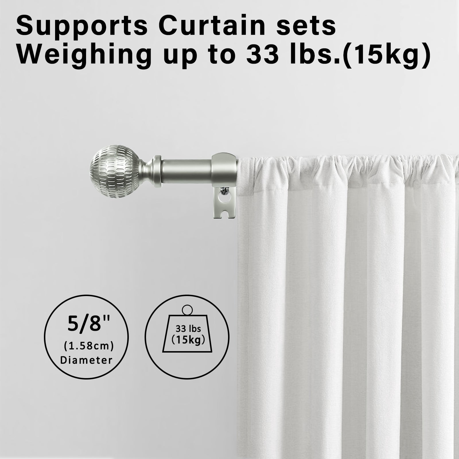 Ridicili 5/8" Single Telescoping Curtain Rod with Reticulated Ball Finials,Pewter, 84"-120"