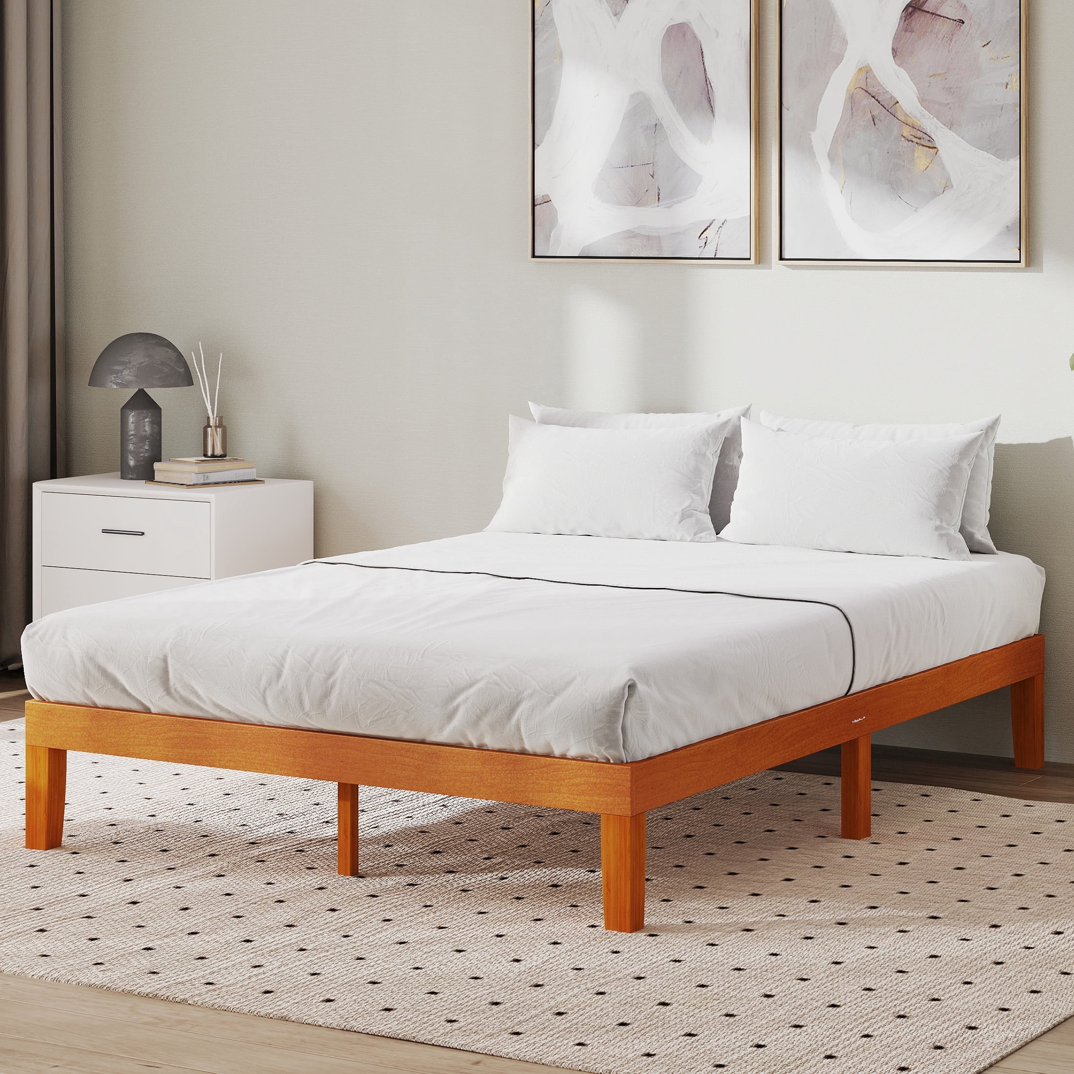 ZUNMOS 12 IN Full Size Solid Wood Bed Frame with Wood Slat Support,  Sturdy,  No Box Spring Needed,  Natural Pine