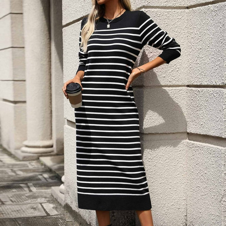 Zkozptok Women's Knit Striped Sweater Dress Casual Long Sleeve