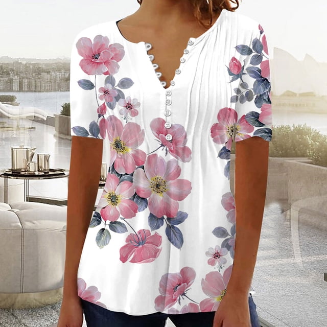 LSLJS T-Shirts pour Femmes Mode Décontractée Col Rond Plissé Couleur Unie Bouton Haut Blouse