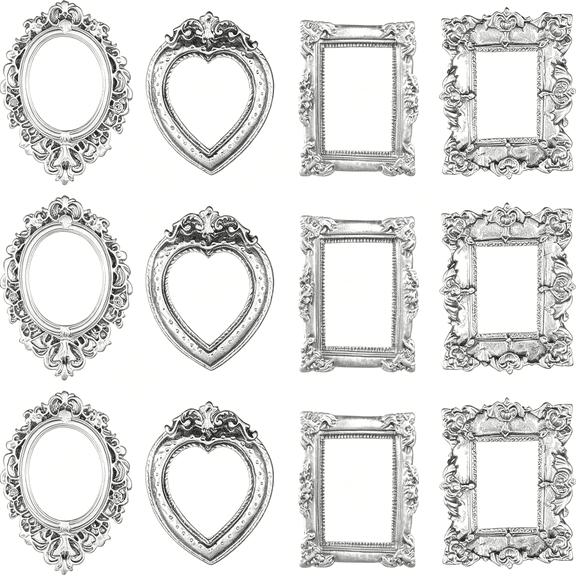 XIBUFE 12Pcs Vintage Mini Picture Frames Small Baroque Antique Resin Jewelry Frame Miniature Rectangle Display Table Wall Hanging Frames Diy Photo Holiday Wedding Decoration (Silver)