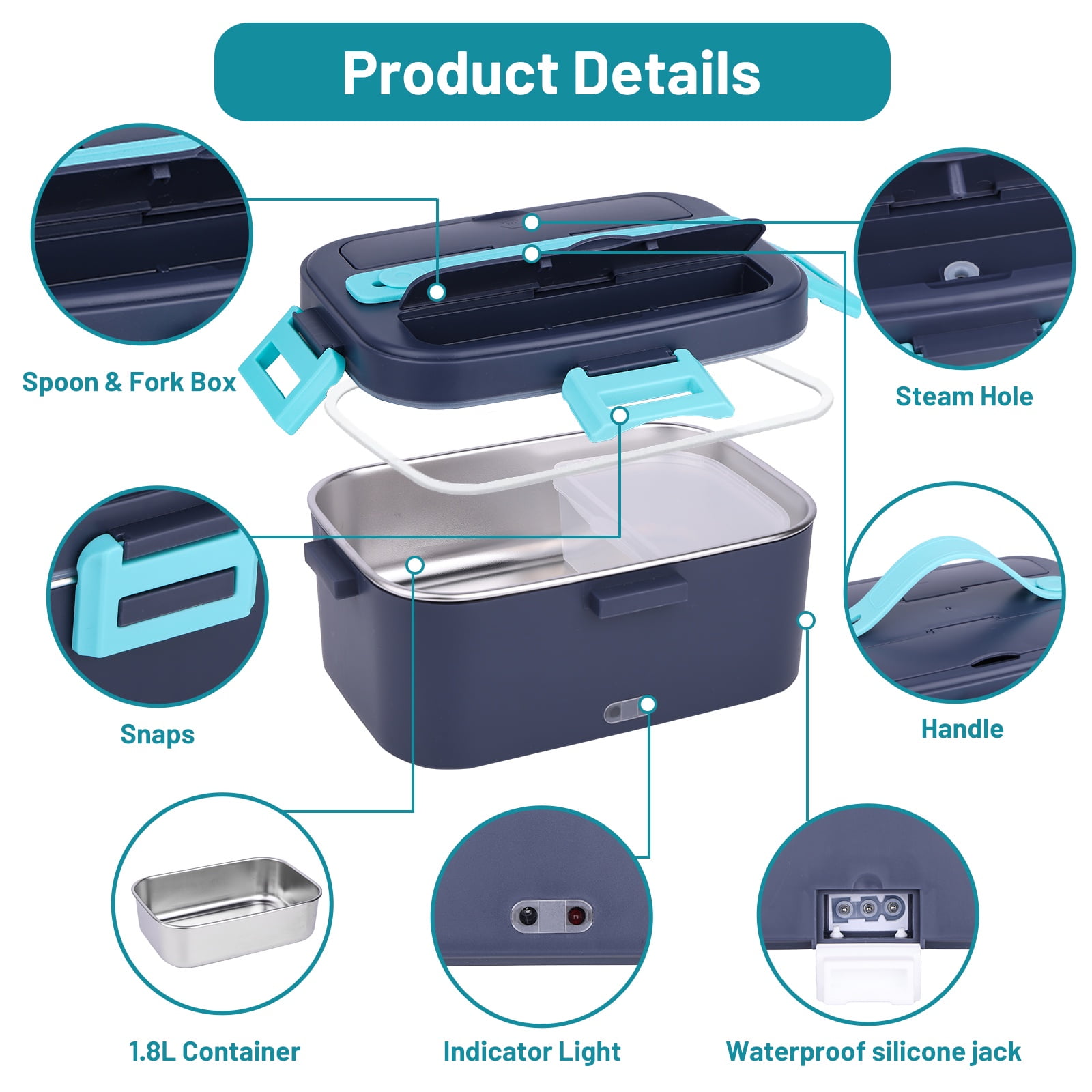 Electric Lunch Box Food Heater, 80W Heated Lunchbox for Adults, Portable Food Warmer with 1.8L Stainless Steel Container/Fork/Spoon for Car Office School, 2 Compartments with Carry Bag 12V-24V 110V
