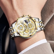 OLEVS Watches for Men Business Dress Luxury Analog Quartz Chronograph Two Tone Gold Plated Stainless Steel Waterproof Luminous Date Casual Mens Wrist Watches Reloj Para Hombre