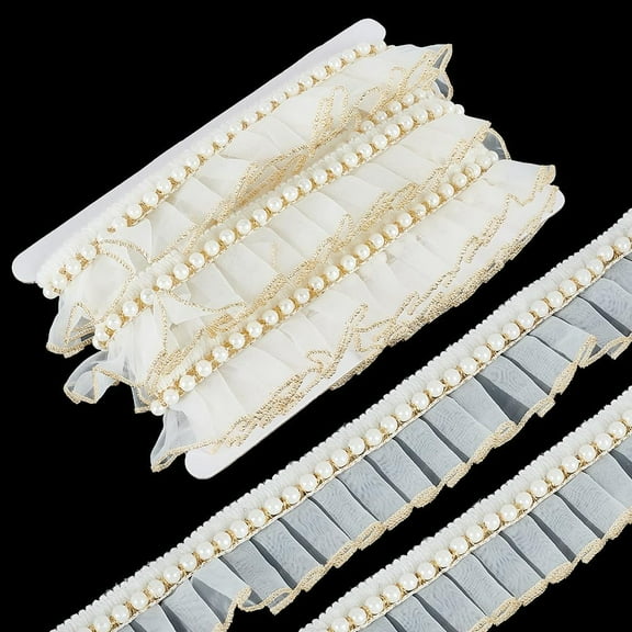 5 Yards Floral White Lace Edge Ruffle Trim Polyester Organza Trimmings with Gold Edging Pearl Ruffle Trim for DIY Crafts Clothes Dress Decoration