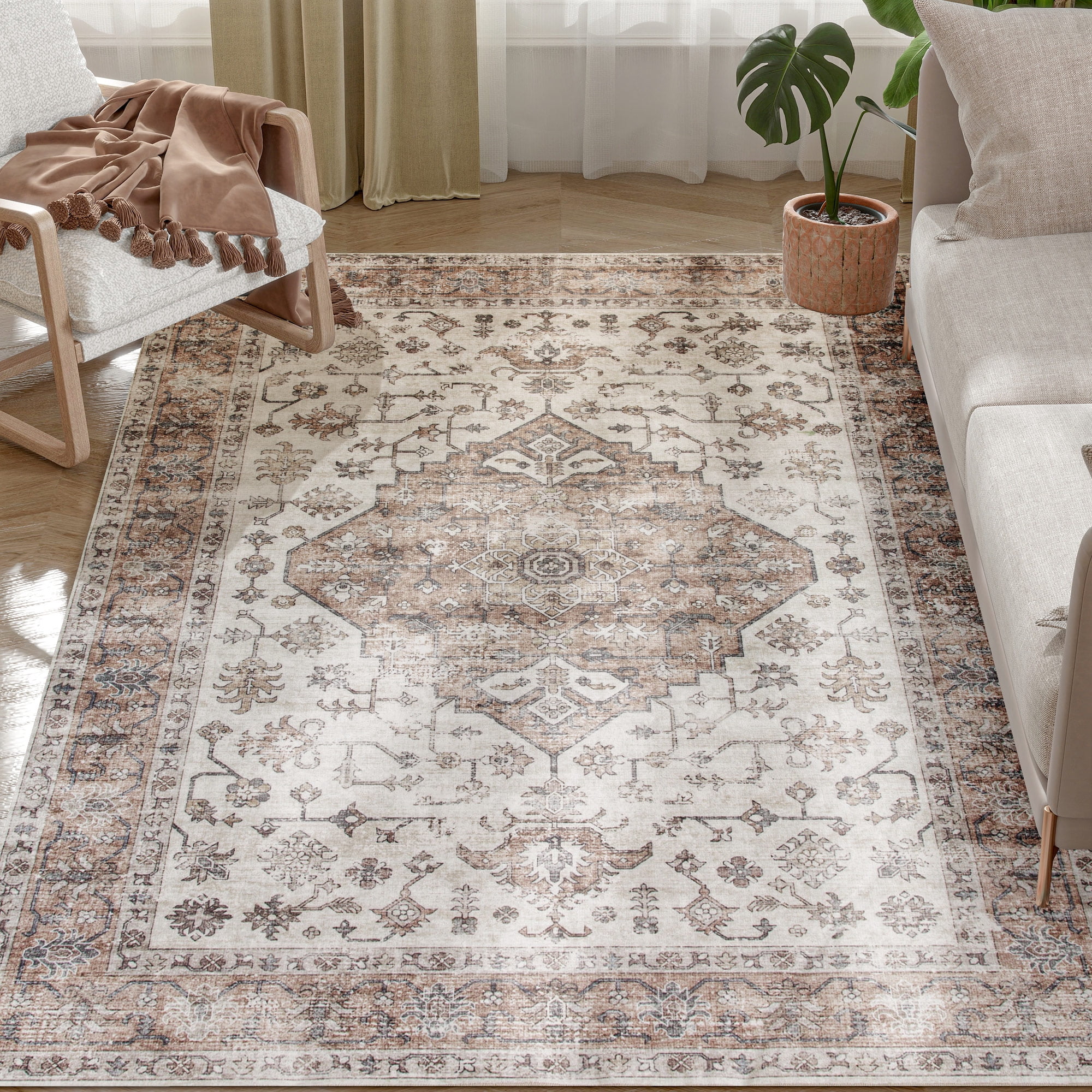 HOMCOM 4x6 Area Rug, Vintage Machine Washable Rug, Non-Slip Distressed Floor Carpet for Living Room, Bedroom, Dining Room, Home Office, Tan