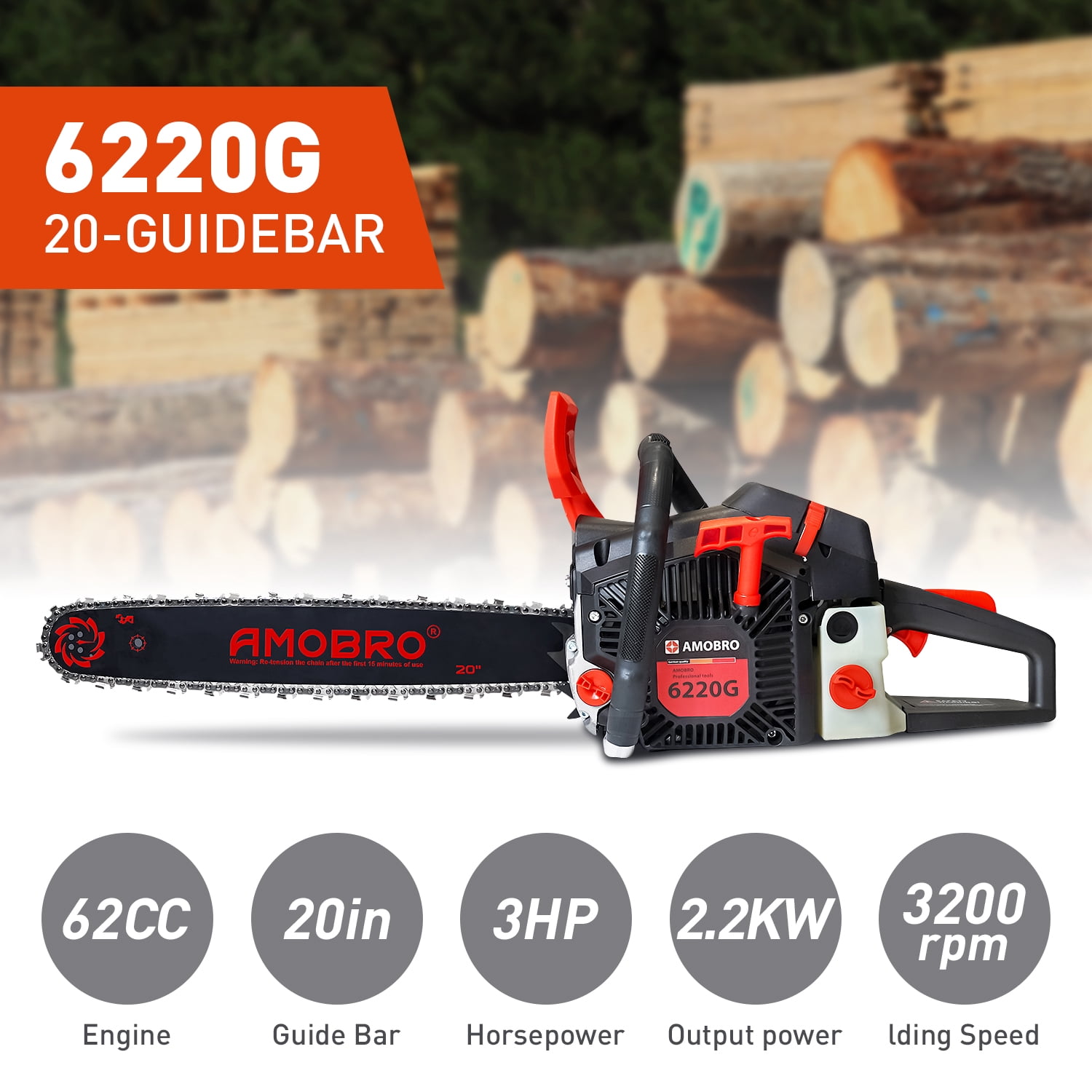 Amobro Gas Chainsaw 20-inch 62CC 3HP 2-Cycle Petrol Powered Chain Saws for Trees and Wood Cutting
