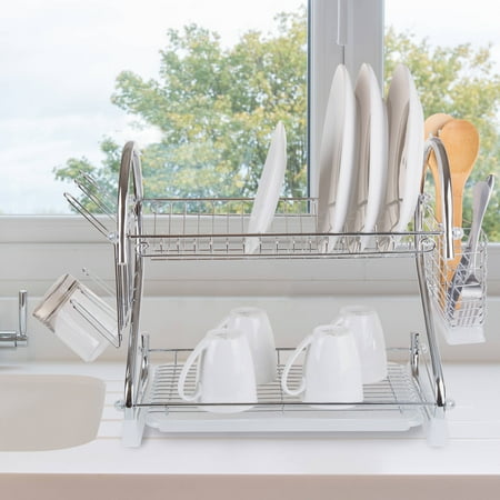 - Chef Buddy Chrome Dish Drying Rack, 2 Tiered w/ Cup and Utensil Holders