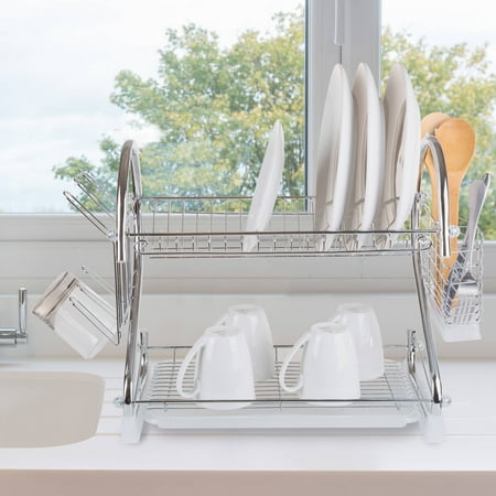 Chef Buddy Chrome Dish Drying Rack, 2 Tiered w/ Cup and Utensil