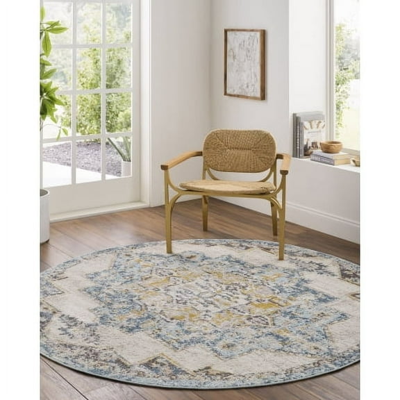 Livabliss Area Rugs for Living Room, 9ft Round Ankara Traditional Ice Blue Round Rug, Bedroom Dining Room Home Decor Stain Resistant Carpet (7'10" x 7'10")