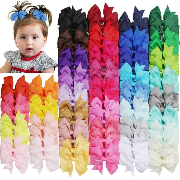 80 Boutique-Style Grosgrain Hair Accessories Set - 40 Color Pairs of 3 Inch Ribbon Pinwheel Bows with Alligator Clips and Barrettes for Toddlers and Girls
