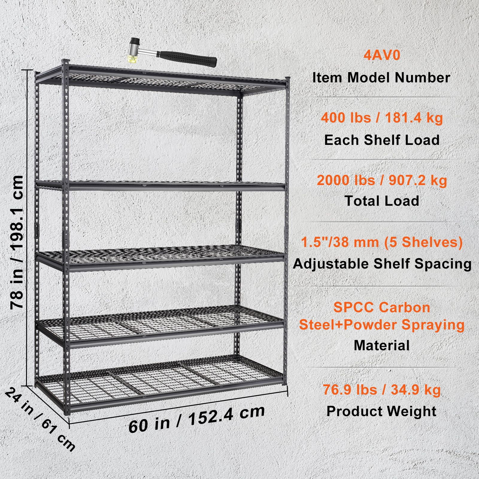 Storage Shelving Unit, 5-Tier Adjustable, 2000 lbs Capacity, Heavy Duty Garage Shelves Metal Organizer Wire Rack for Kitchen Pantry Basement Bathroom Laundry Closet, 60" L x 24" W x 78" H