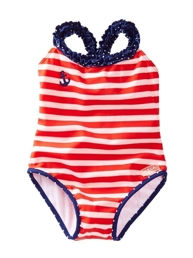 Azul Little Girls Red White Stripe In The Navy Ruffle One Piece Swimsuit 3 Walmart Com