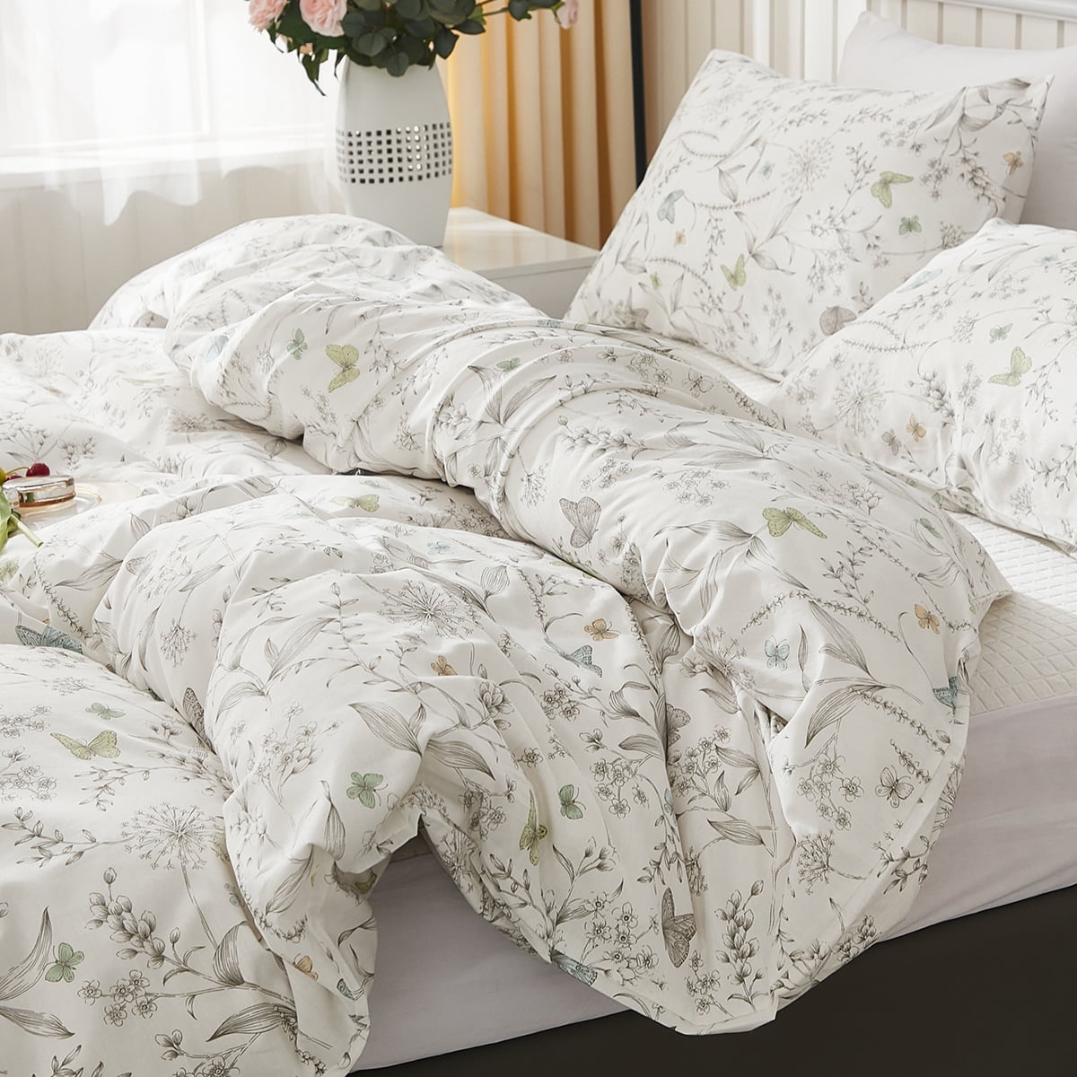 Floral Duvet Cover Set White Organic Cotton Duvet Cover Cottagecore Flower Printed Reversible Bedding Set Queen Size