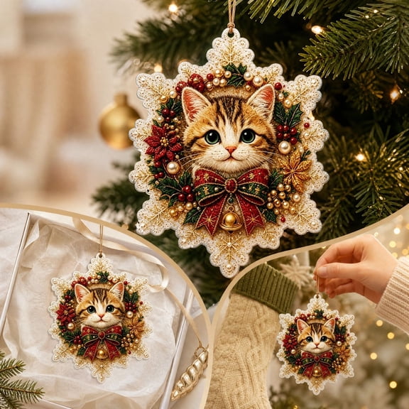 8cm Diamond Art Hanging Kits Christmas Decor, Christmas Pearl Diamond Art Kit with Cat, Acrylic Snowflake Suncatcher Hanging Ornament, Mutiple Style DIY Craft for Adults