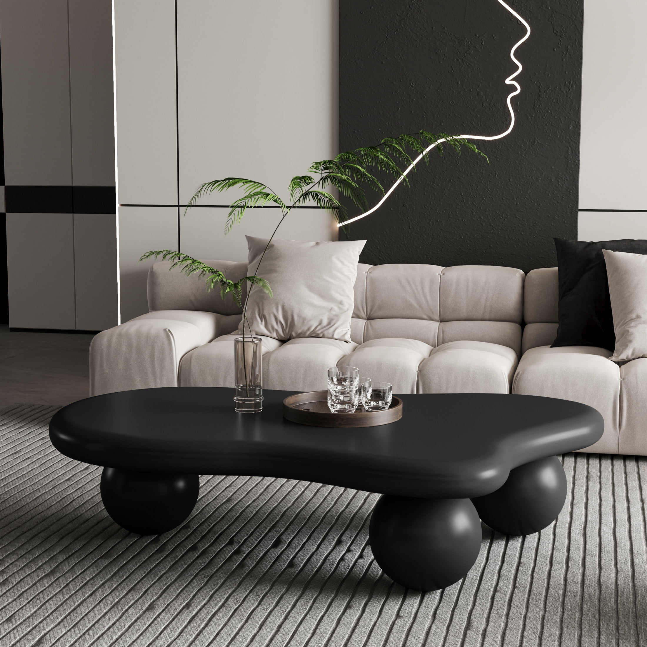 Noble House 47" Cloud Shaped Coffee Table with Ball Legs, Modern Aesthetic Accent Table for Living Room, Black