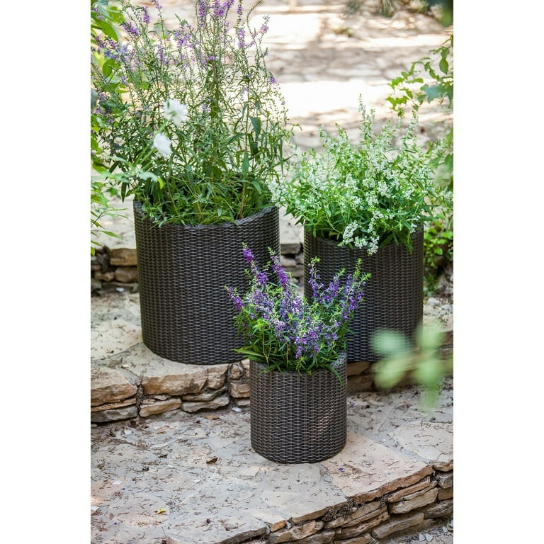 Keter Rattan Cylinder 3-Piece Resin Planter Set, Brown Keter Rattan Cylinder 3-Piece Resin Planter Set, Brown