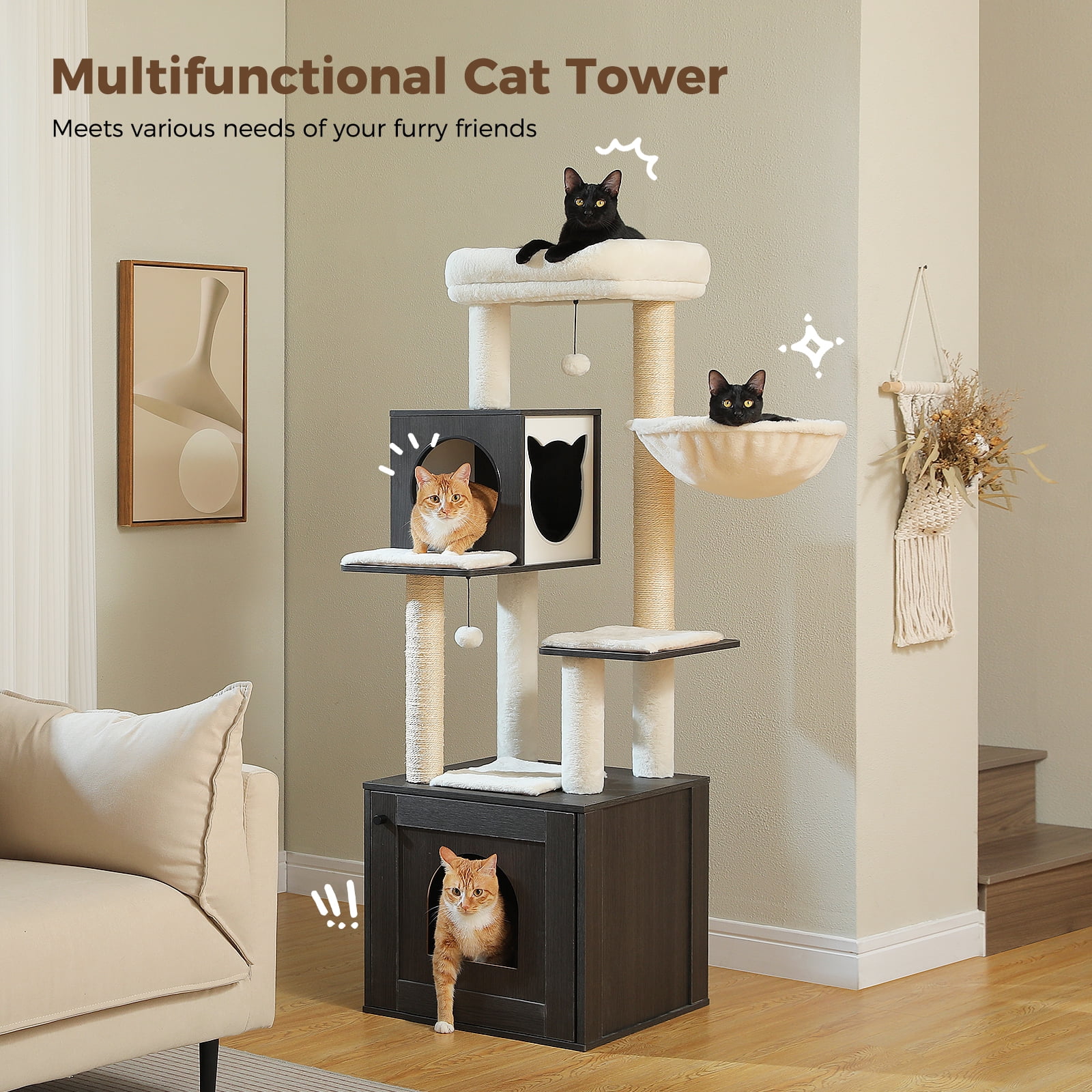 PEQULTI 57.5" Wood Cat Tree with Litter Box Large Cat Tower Indoor with Sisal Scratching Post Black
