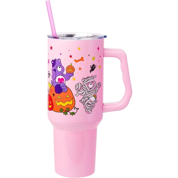 Silver Buffalo Care Bears Featuring Harmony Bear, Cheer, Share Bear, and Trick-or-Sweet Halloween Double Walled Stainless Steel Tumbler with Handle and Straw, Fits in Standard Cup Holder, 40 Ounces