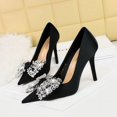 thumbnail image 3 of Zapatos de tacón puntiagudos de satén para mujer, de moda, para banquetes, con boca poco profunda, puntiagudos, con lazo de diamante, tacones altos clásicos, 3 of 5
