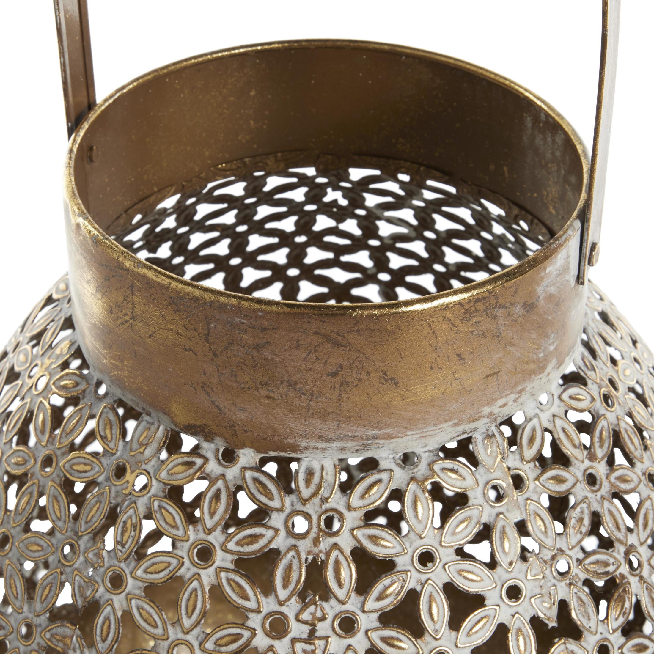 DecMode Gold Metal Moroccan Laser Cut Metal Decorative Candle Lantern with Handle