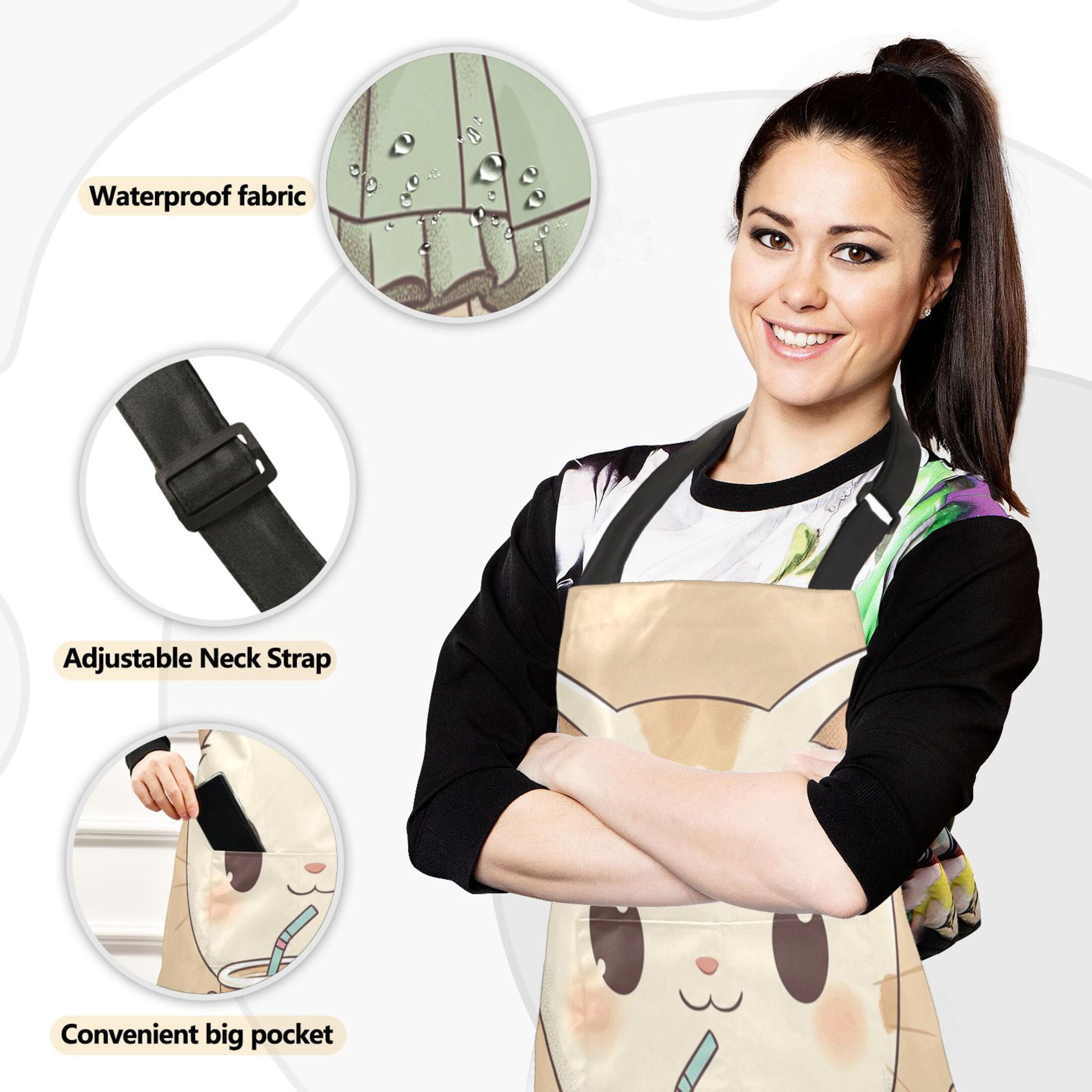 5 Pcs Kitchen Set Heat Resistant Oven Mitts and Non-Slip Pot Holders with Adjustable Cooking Apron Cute Cat Drink Bubble Tea