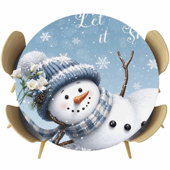 Round Fitted Tablecloth with Elastic Edge, Cute Snowman Merry Christmas Fitted Table Cloth for Round Tables 55-60in, Winter Snowflake Light Blue Waterproof Tablecloth for Outdoor Picnic Party