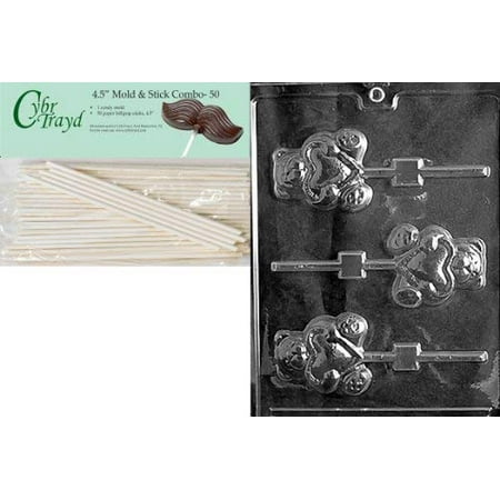 Heart Shaped Box Candy Mold Cybrtrayd 45St50-V057 Teddy with Heart Lolly Valentine Chocolate Candy Mold with 50 4.5-Inch Lollipop Sticks ()