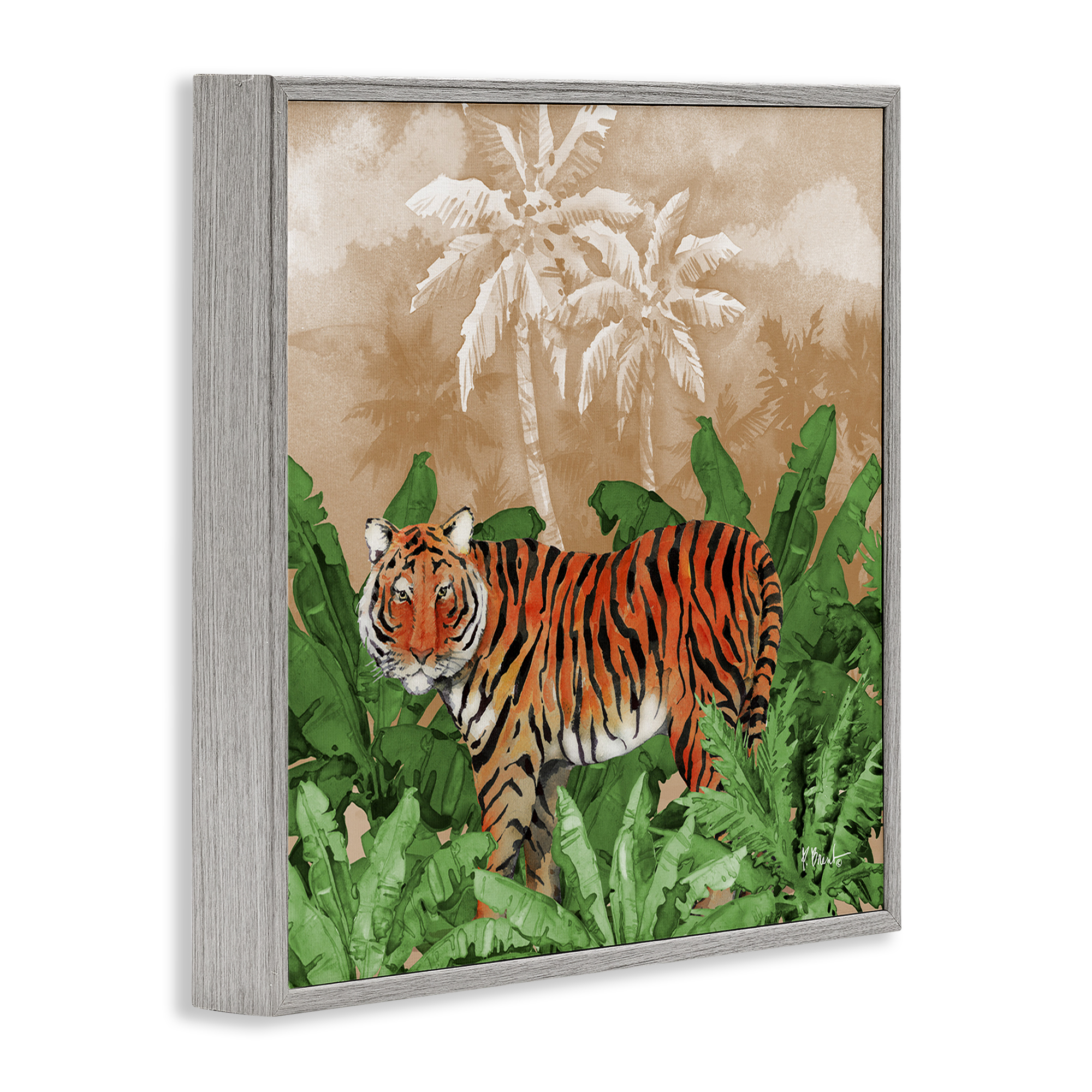 Stupell Industries Jungle Life Tiger Animals & Insects Painting Gray Framed Art Print Wall Art, 12 x 12