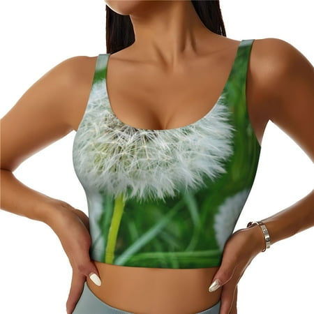 Adobk Dandelion Flower In The Meadow Print Sports Bras for Women Longline Workout Crop Tank Tops Padded with Built in Shelf Padded Sports Bra-XX-Large