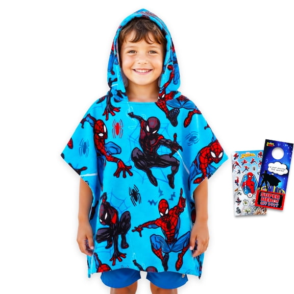 Spider-Man Kids Towel Set for Boys - Bundle with Miles Morales Spiderman Hooded Bath Towel with Stickers and More | Spiderverse Bathroom Set