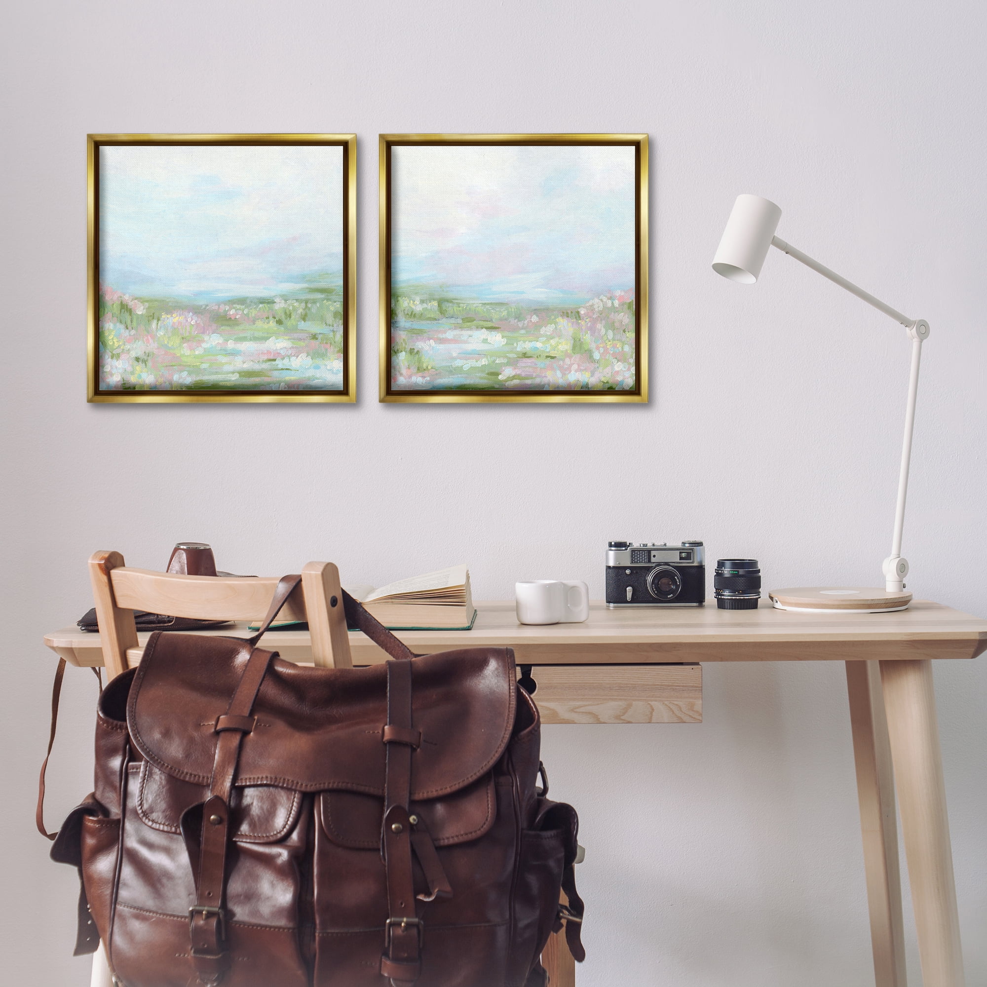 Stupell Industries Pastel Abstract Spring Field Landscape & Nature Painting Gold Floater Framed Canvas Art Print Wall Art, 18 x 18, Set of 2