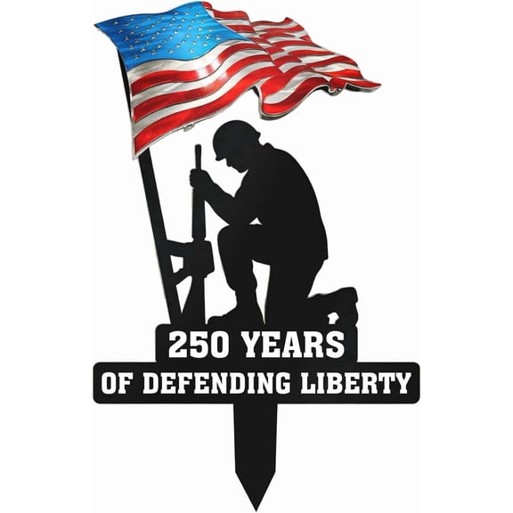 250 Years of Defending Liberty Metal Garden Stake,Decorations Patriotic Yard Sign, Kneeling Soldier with American Flag Decor for Lawn, Garden, Memorial Display