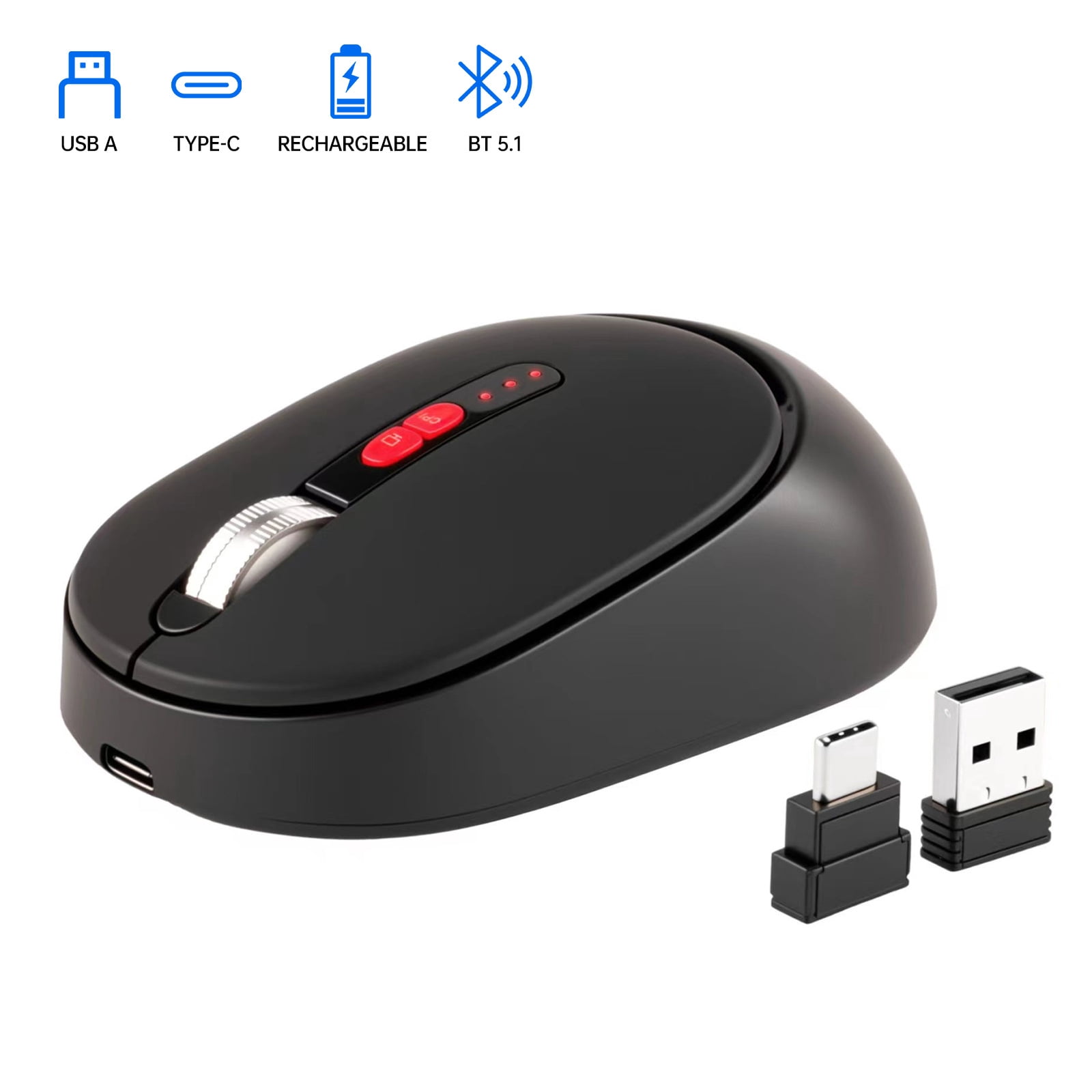 Type-C Dual Port Wireless Bluetooth Mouse, Rechargeable 2.4G/USB-C Mouse with Battery Display, for MacBook, Laptop, PC, Tablet, Phone