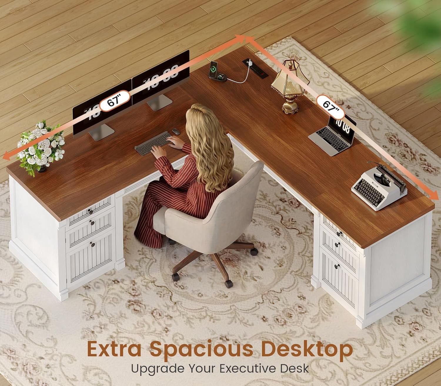 SEDETA Large L Shaped Desk with 4 Wood Drawers, 67"x 67" Executive Desk with File Drawers & Storage Cabinet, Farmhouse Corner Computer Desk with Power Strip for Home Office, White & Brown