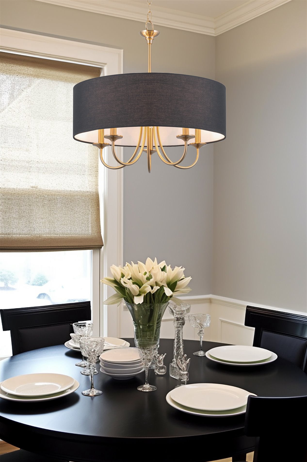 Kira Home Quinn 22" Drum Gold Chandelier, Black Linen Shade, Farmhouse Hanging Light, Black Drum Shade, Cool Brass