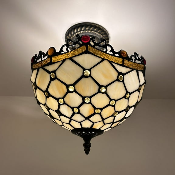Tiffany Ceiling Lights Fixture Beige Stained Glass Crystal Beans LED Bulbs Included for Living Room Bedroom Kitchen 12"W*12"D*12"H