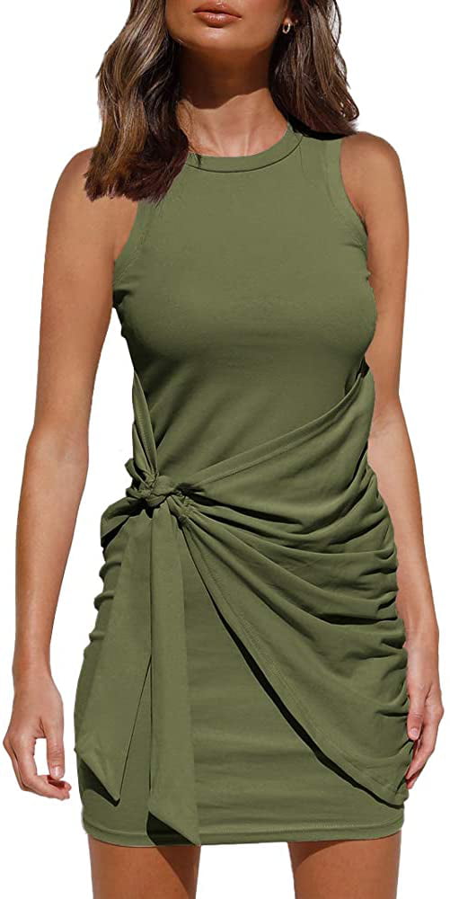 OWIN Women's Summer Casual Sleeveless Tank Dress Crewneck Bodycon Ruched Tie Waist Mini Dresses