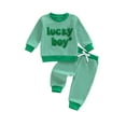 thumbnail image 2 of Loicainy Toddler Baby Boy Spring Outfit 6 12 18 24 Months 2T 3T Striped Letter Shamrock Embroidery Crew Neck Long Sleeve Sweatshirt and Pants 2 Pcs Clothes Set, 2 of 9
