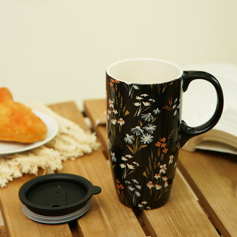Tall Ceramic Mugs 17 oz. Coffee Cups Sealed Lid Mug With Color Box, Flowers  