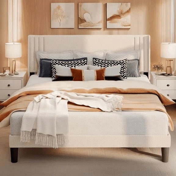 Lofka Queen Bed Frame with Wingback Headboard, Metal Bed Frame 850lbs Capacity, Noise-Free Under Bed Storage, Beige