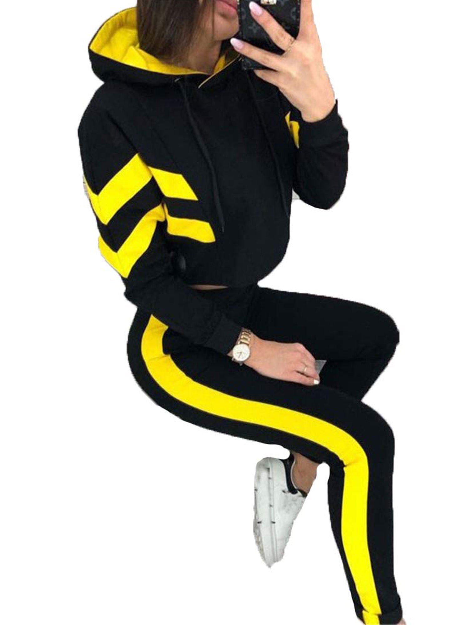 Women Cropped Hooded Stripped Tracksuit Lounge-wear Ladies' Jogging 2 piece Suit 