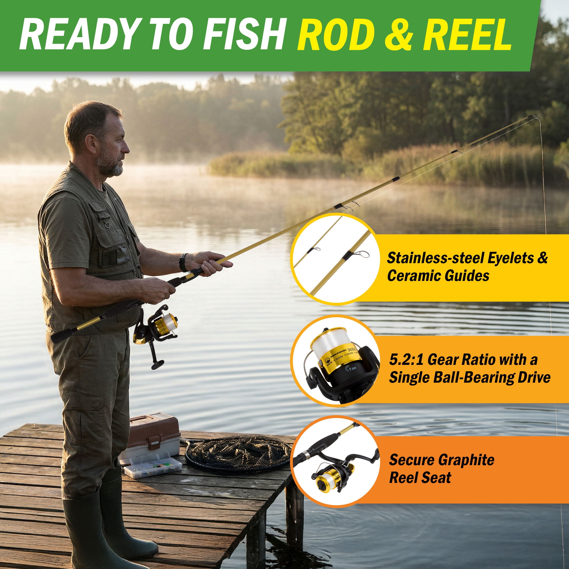 ウェア ZEQUE VEGA GOLD TRUEVIEW SPORTS Fishing Wakeman, Fishing Rod and Reel Combo, 78-Inch Medium Action, Gold