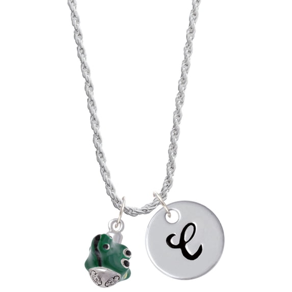 Delight Jewelry Silvertone Green Enamel Alligator Spinner Silvertone Script Initial Disc - C - Charm Necklace, 20"+3"