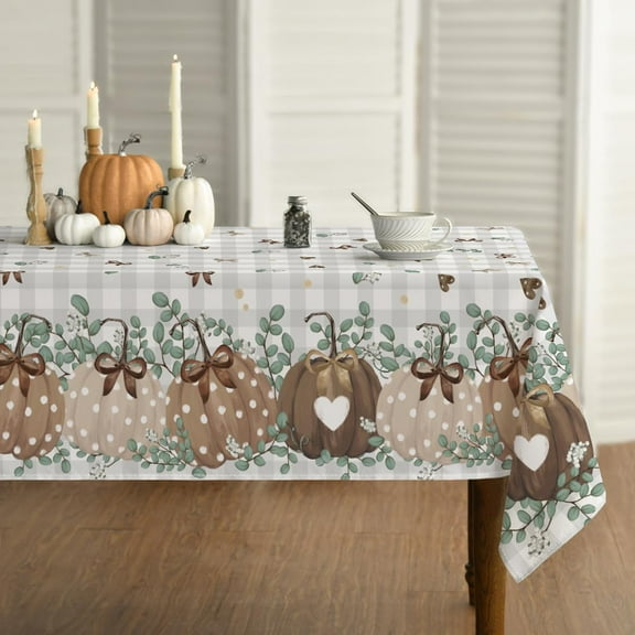 Fall Tablecloth 60x120 Inch Rectangular, Thanksgiving Autumn Harvest Brown Pumpkin Grey Buffalo Plaid Table Cover for Party Picnic Dinner Decor