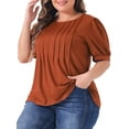 thumbnail image 4 of Blusas de talla grande para mujeres Agnes Orinda, tops de manga corta con volantes, camisetas de cuello redondo, blusas plisadas 4X en rojo y marrón, 4 of 6