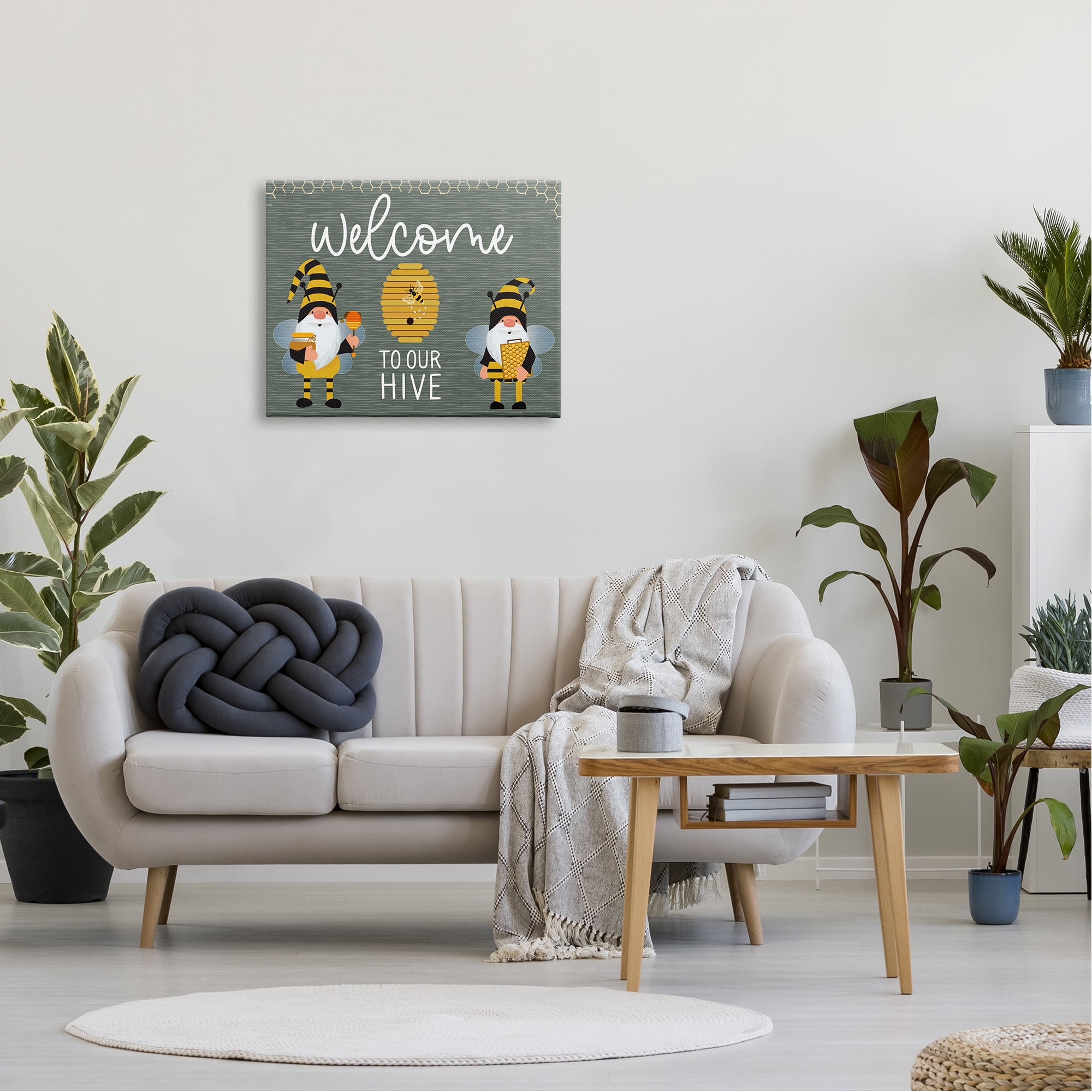 Stupell Industries Welcome To Our Hive Honey Bee Garden Gnomes Typography Canvas Wall Art, 30 x 24, Design by Linda Birtel
