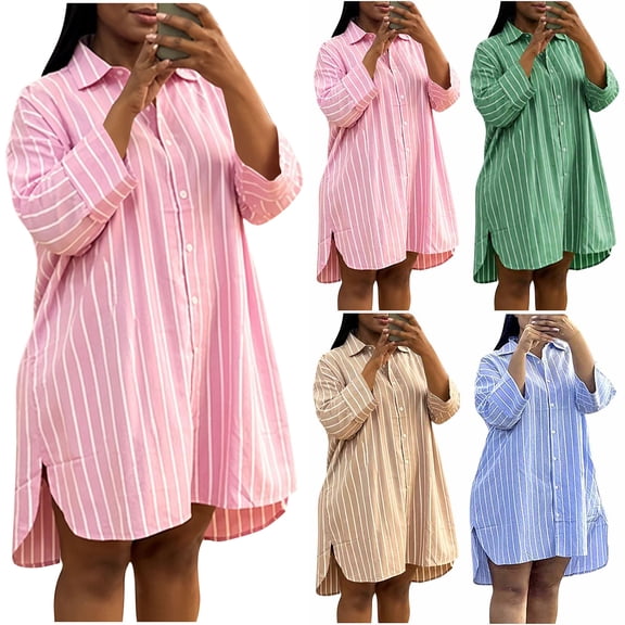 Zpzdpjkx Women's Striped Button Down Shirt Dress Loose 3/4 Sleeve Oversized Split Hem Casual Mini Dress