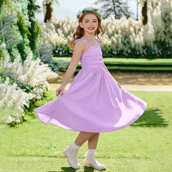 BRGZLK Girls Summer Midi Dress Daily 2026 Cute Solid Color Spaghetti Strap Halter Dresses Ruched Flowy Vacation Beach Boho Casual Sundress for Teen Girl Purple 14-15 Years