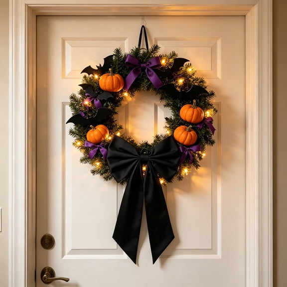 Gothic Satin Halloween Decorative Bow, 9.84x7.08 Inch Black Wreath Bow for Wreaths, Door, Mantel, Party Decor, Classic Horror Ambience for Indoor Outdoor Holiday Use